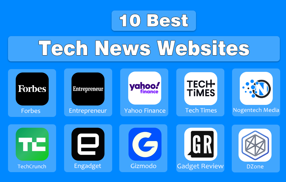Logos of technology News and information websites in an image designed by NogenTech.org