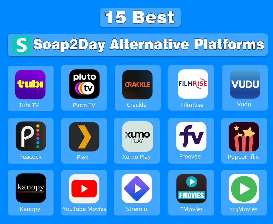 Logos of 15 Alternatives to Soap2Day | Designed by NogenTech