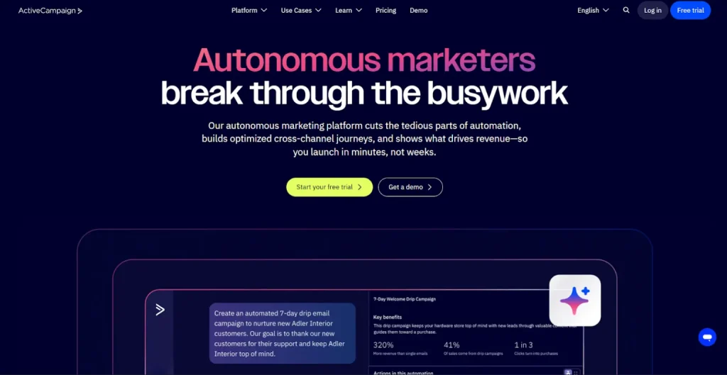 Homepage of ActiveCampaign