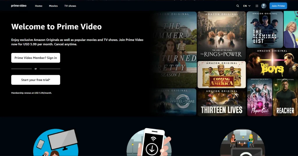 Homepage of Amazon Prime Video
