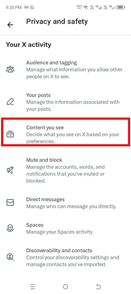 Content You See Option on Android Mobile Phone