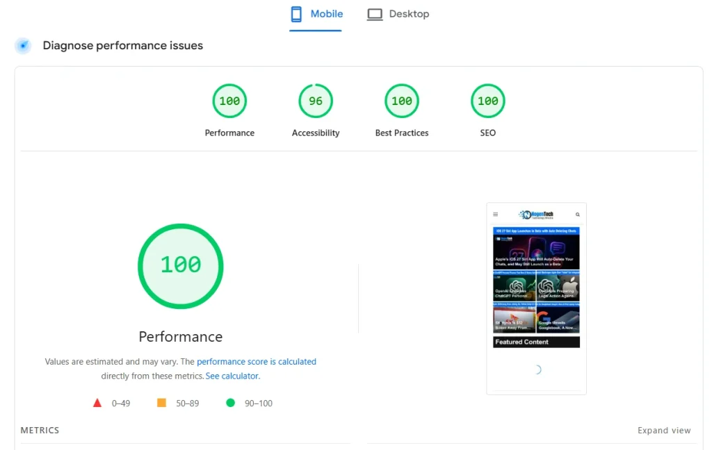 Image of PageSpeed Insights of NogenTech.org showing 100 score on mobile