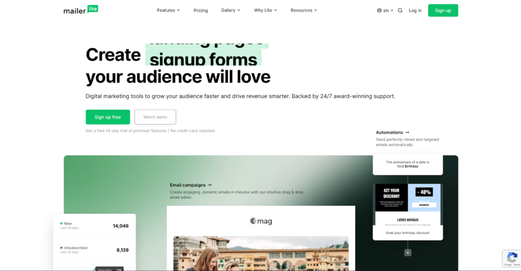 Homepage of MailerLite 