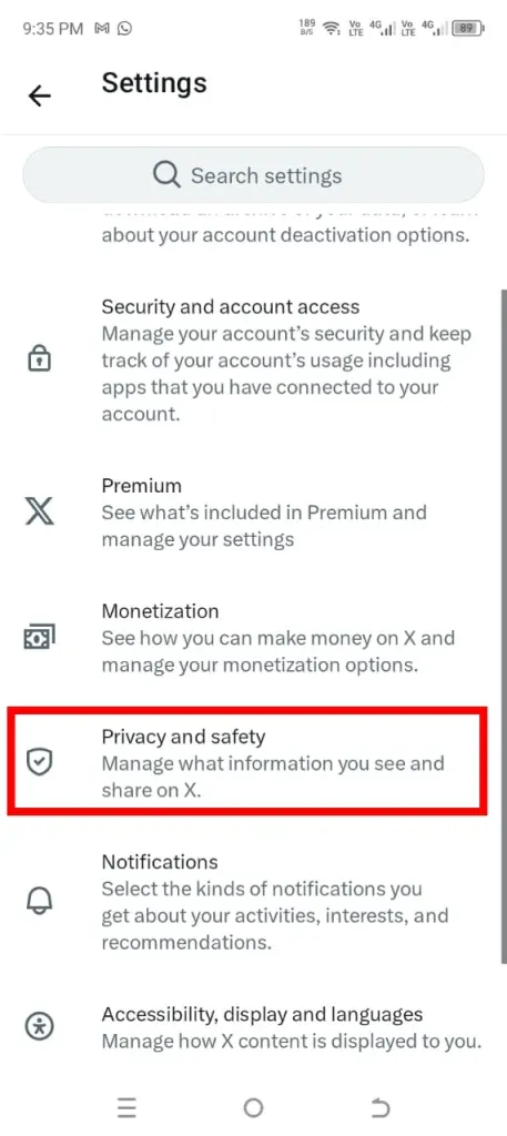 Screenshot of Open Privacy and safety on Android