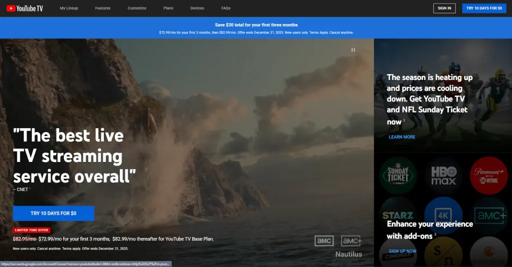 Homepage of YouTube TV