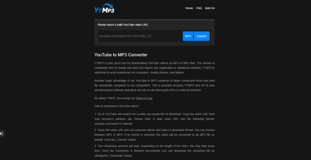 Screenshot of YTMP3 a YouTube to MP3 conveter platform's homepage by NogenTech
