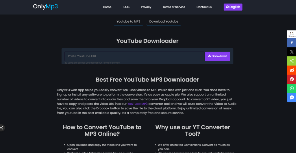 Screenshot of OnlyMP3 a YouTube to MP3 conveter platform's homepage by NogenTech