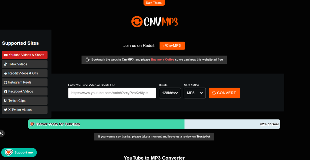 Screenshot of CnvMP3 a YouTube to MP3 conveter platform's homepage by NogenTech