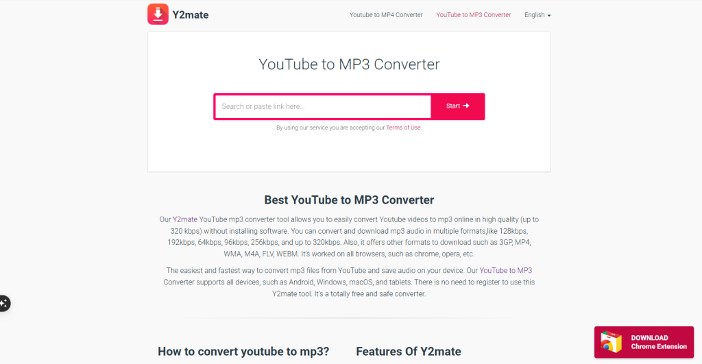 Screenshot of Y2Mate a YouTube to MP3 conveter platform's homepage by NogenTech