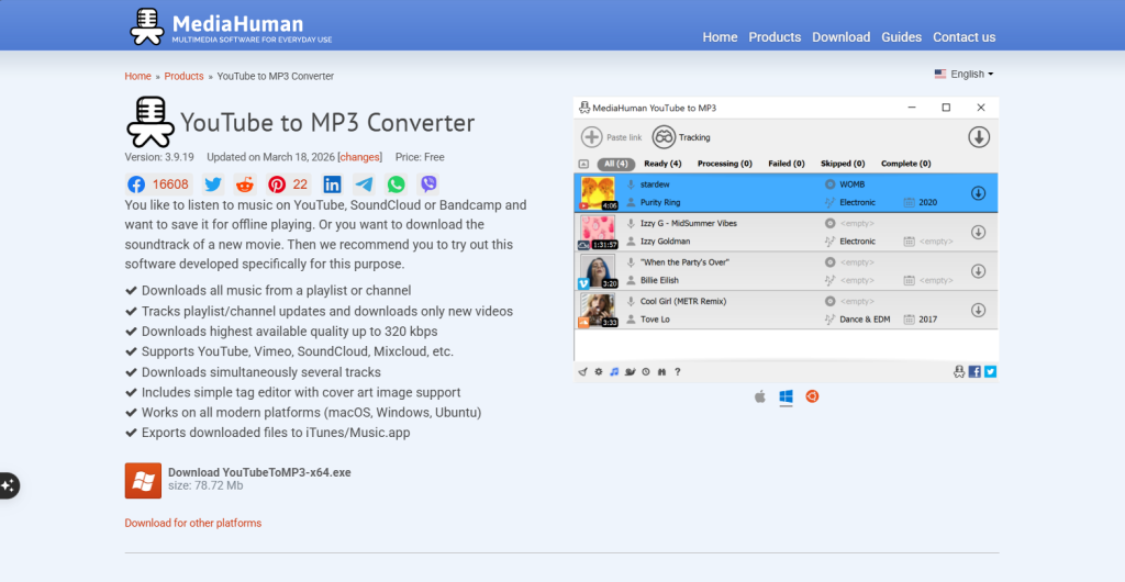 Screenshot of MediaHuman a YouTube to MP3 conveter platform's homepage by NogenTech