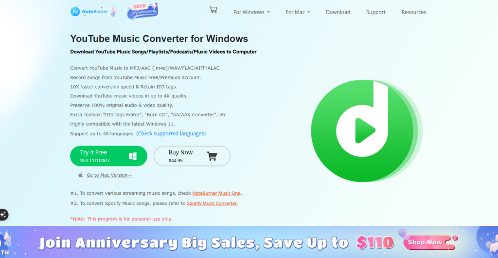 Screenshot of NoteBurner a YouTube to MP3 conveter platform's homepage by NogenTech