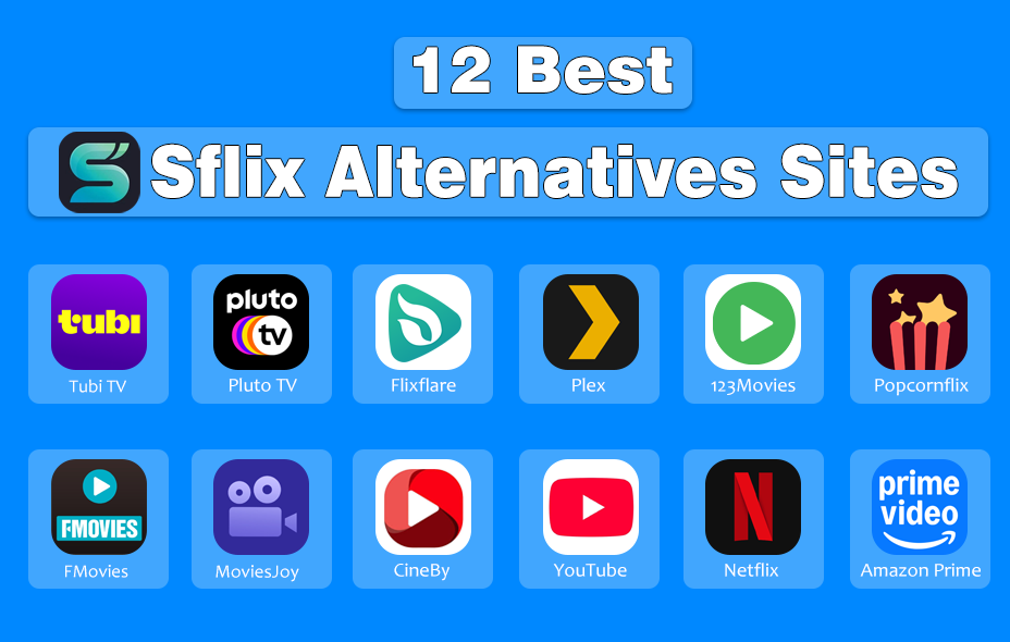Logos of the 12 Best Sflix Alternatives Sites | Designed by NogenTech