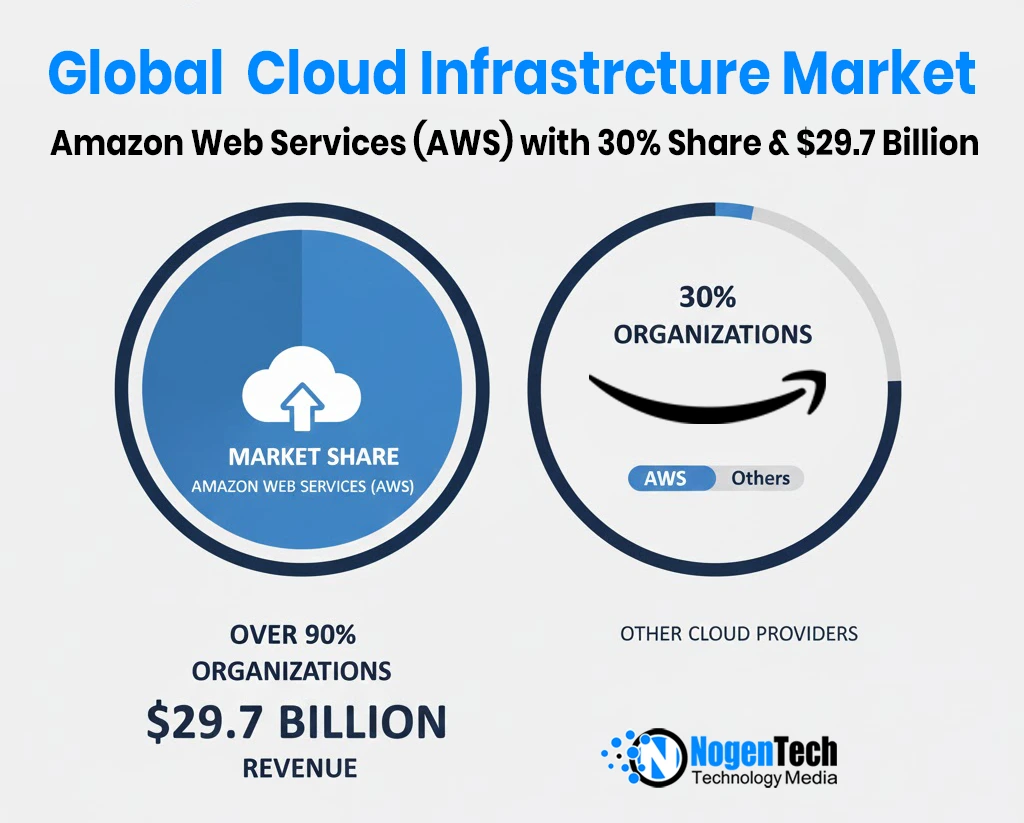 Image of Amazon Web Services (AWS) leads the global cloud infrastructure market with around 30% share, translating to $29.7 billion in dominance.