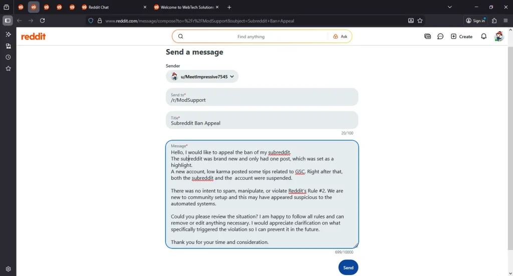 The Appeal I've Sent to /r/ModSupport | Screenshot