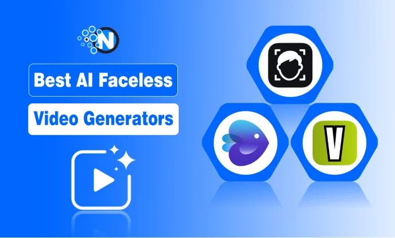 Promotional graphic for "Best AI Faceless Video Generators" featuring a blue gradient background, a sparkling video play icon, and three hexagonal app logos on the right.
