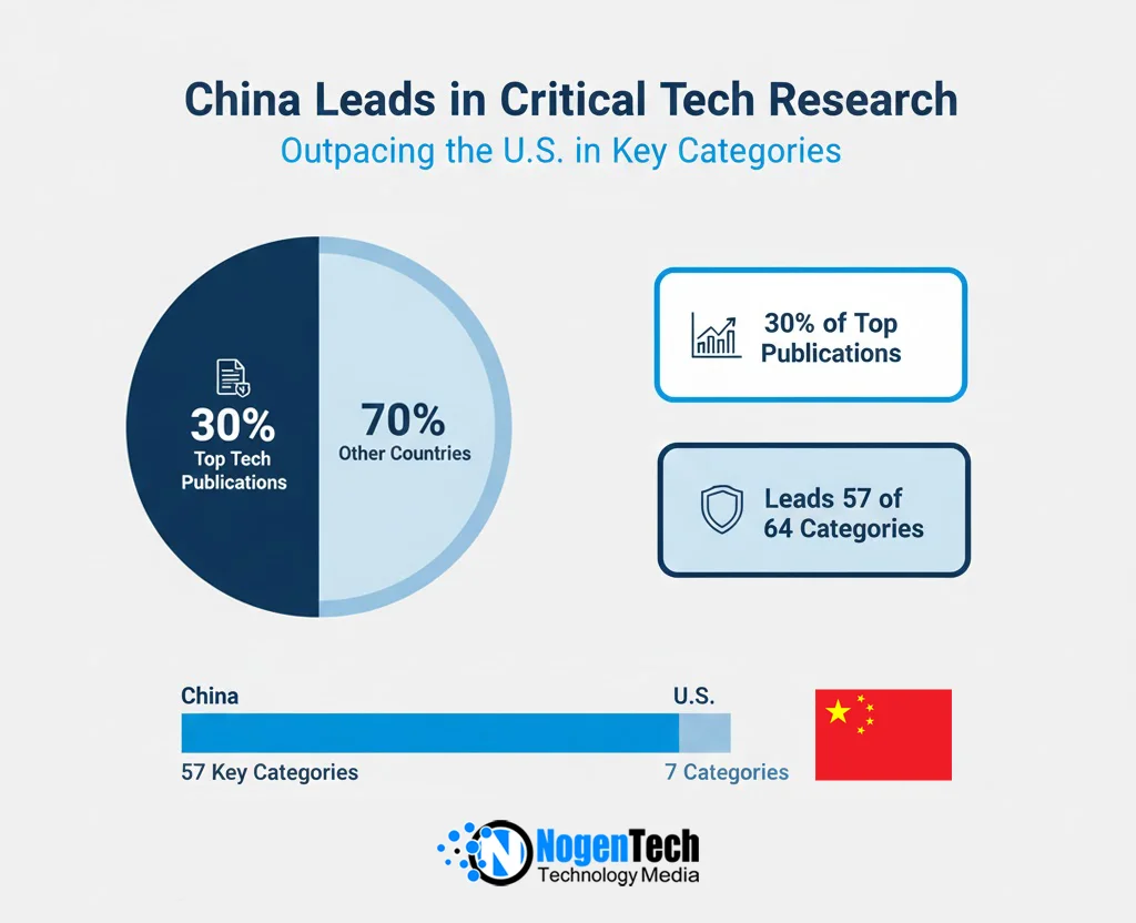 Image of China outpaces the U.S. in critical tech research, commanding 30% of top publications and leading 57 of 64 key categories.