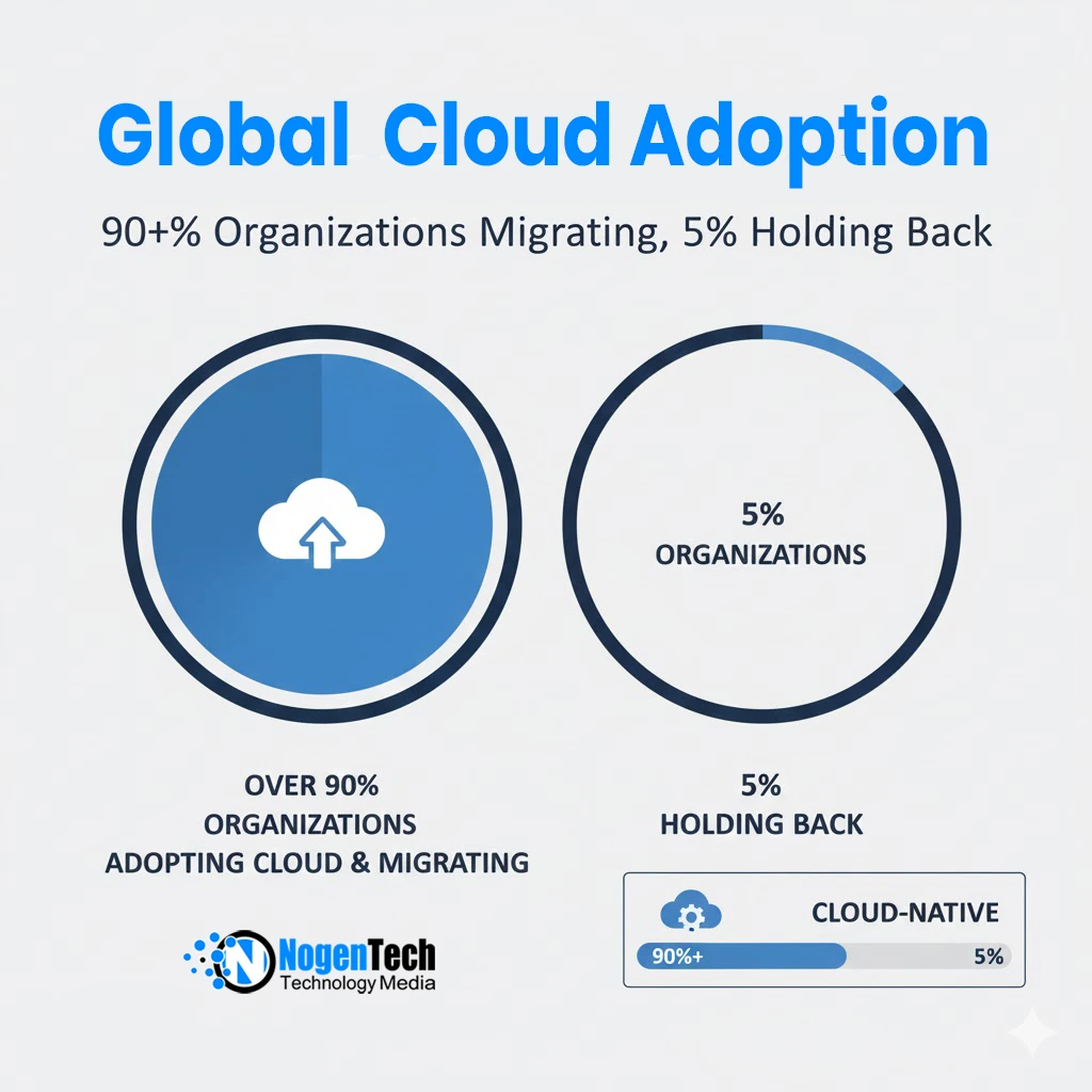 Image of Cloud adoption has crossed the point of 90% organizations. Mass migrations are underway, cloud-native is the goal, and almost 5% of organizations are holding back.