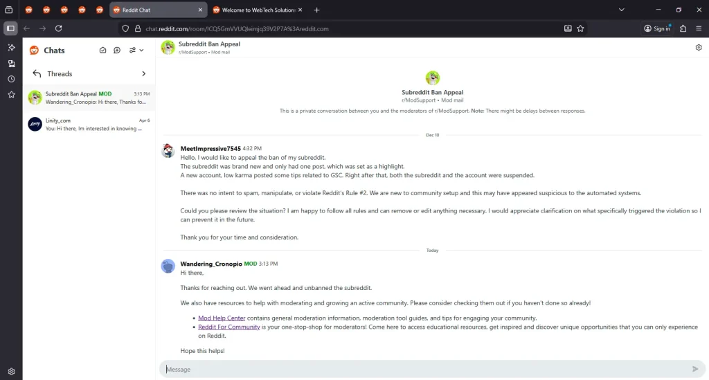 Community Unshadowban | Screenshot from Reddit Chatroom