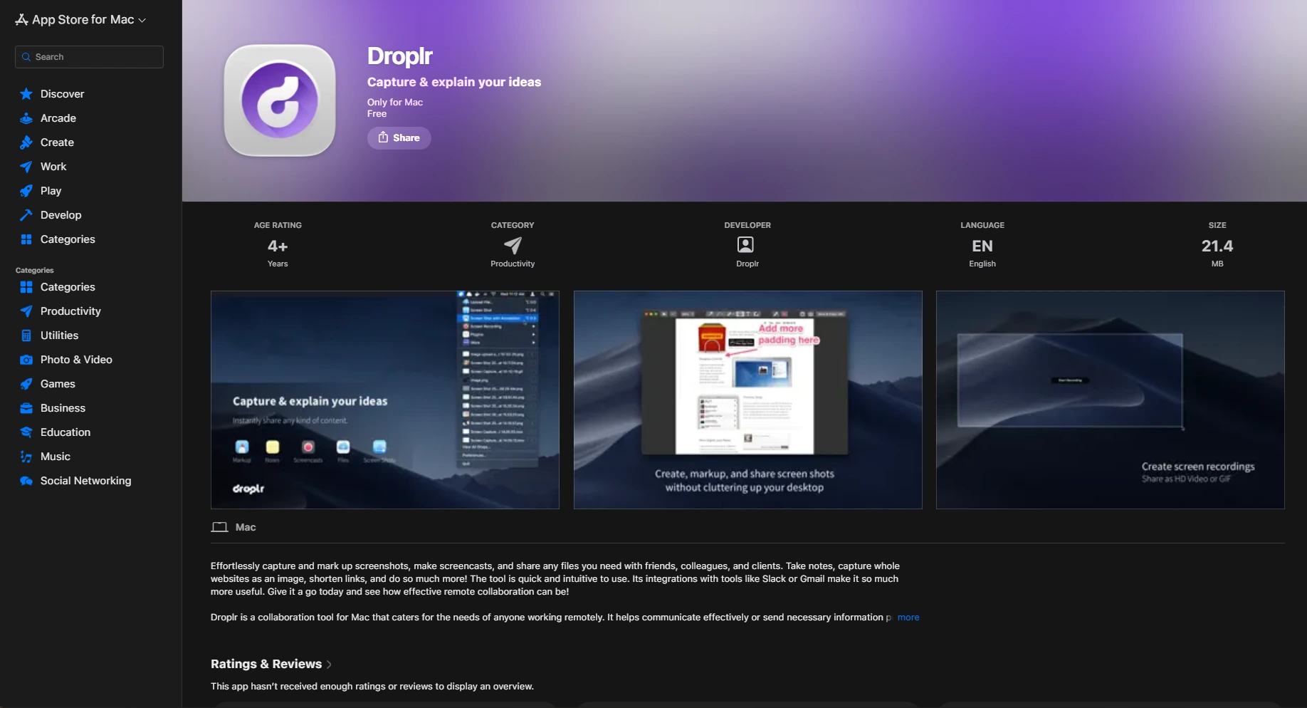 Droplr app preview in Mac App Store