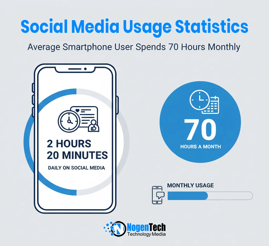 Image of Every day, the average smartphone user spends 2 hours and 20 minutes scrolling social media, nearly 70 hours a month.