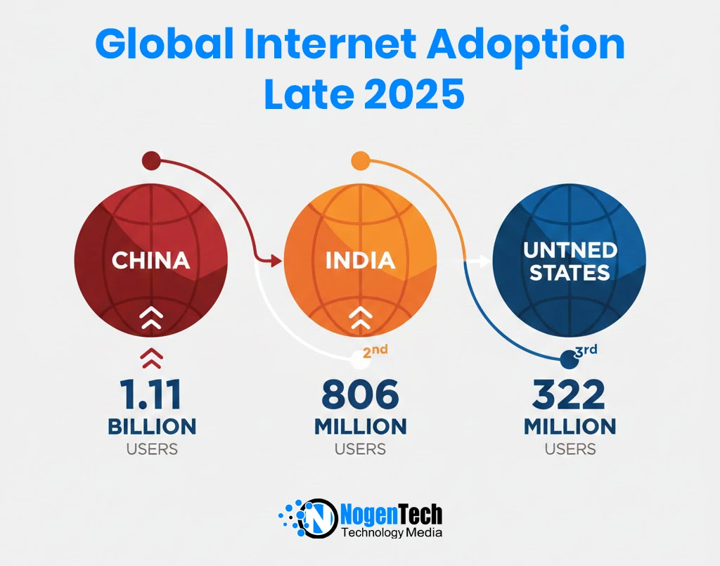 Image of China tops with 1.11 billion internet users in the adoption of the Internet as of late 2025, while India and the United States rank second with 806 million and third positions with 322 million, respectively.