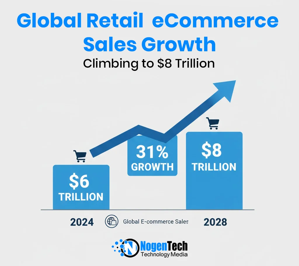 Image of Global retail e-commerce sales hit $6 trillion in 2024 and are projected to grow 31%, approaching $8 trillion by 2028.