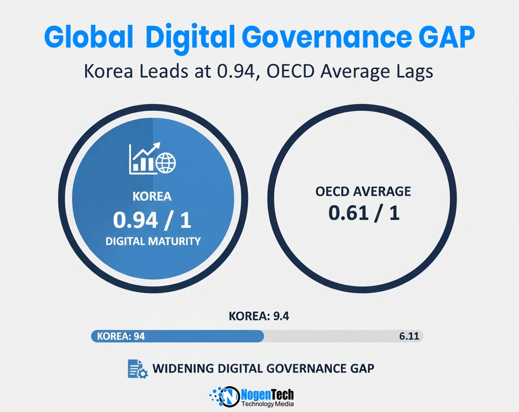 Image of Korea scores 0.94 out of 1 in digital maturity, while the OECD average stalls at 0.61, which exposes a widening digital governance gap.