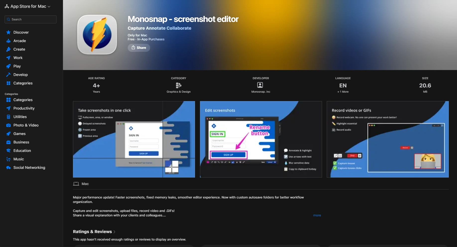 Monosnap app preview in Mac App Store
