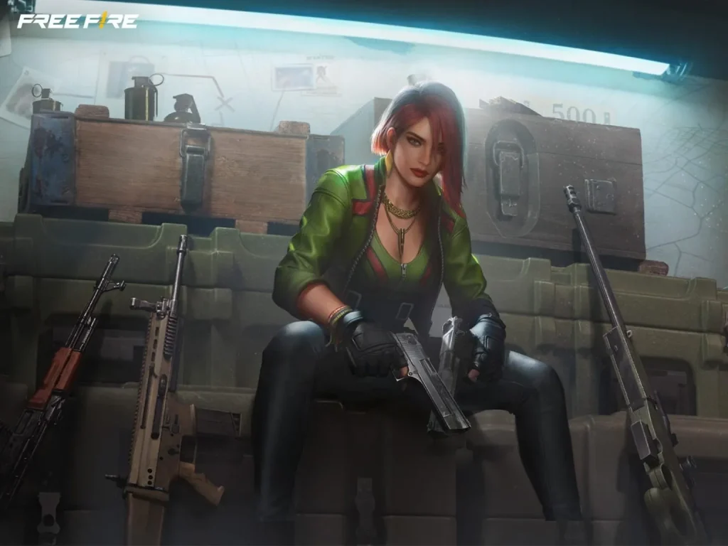 This FF female character, Paloma, is shown holding a pistol in an ammo-filled Free Fire scene