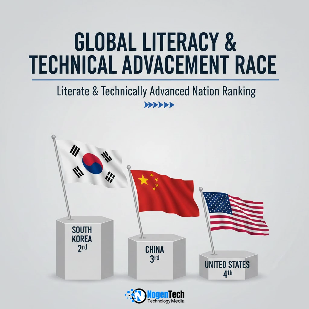 Image of South Korea, China, and the United States hold second, third, and fourth positions, respectively, in the race to become the most literate and technically advanced nation.