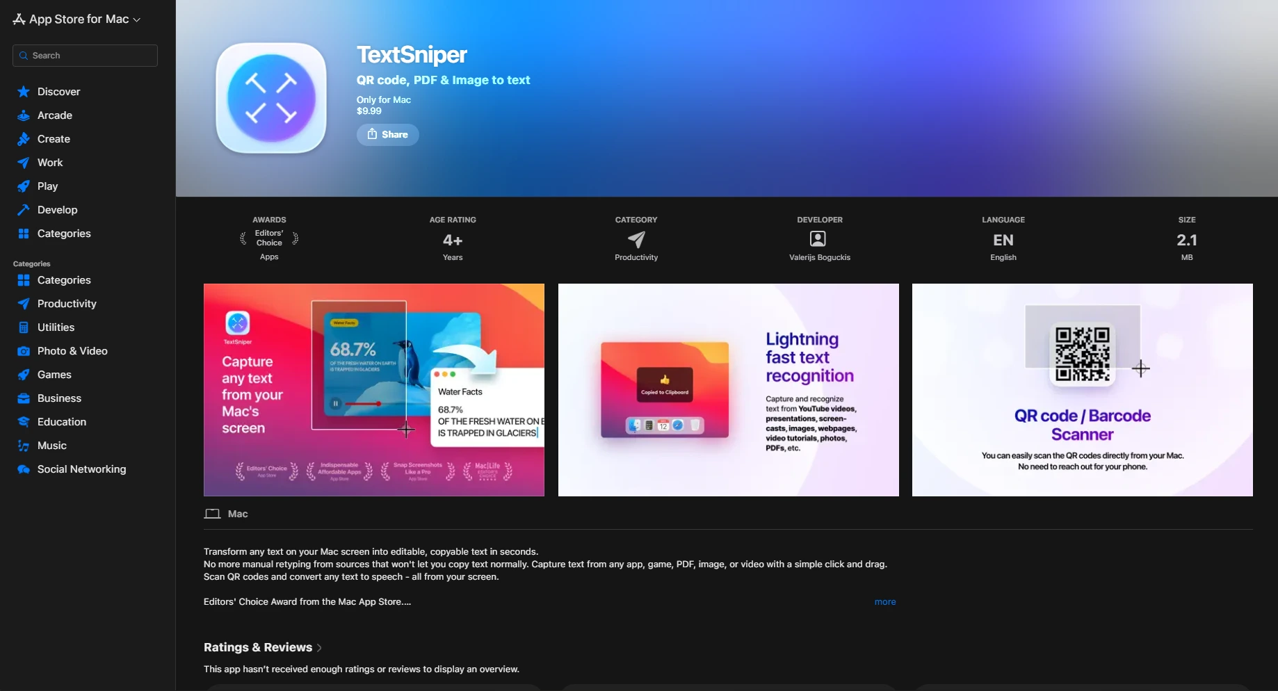 TextSniper app preview in Mac App Store