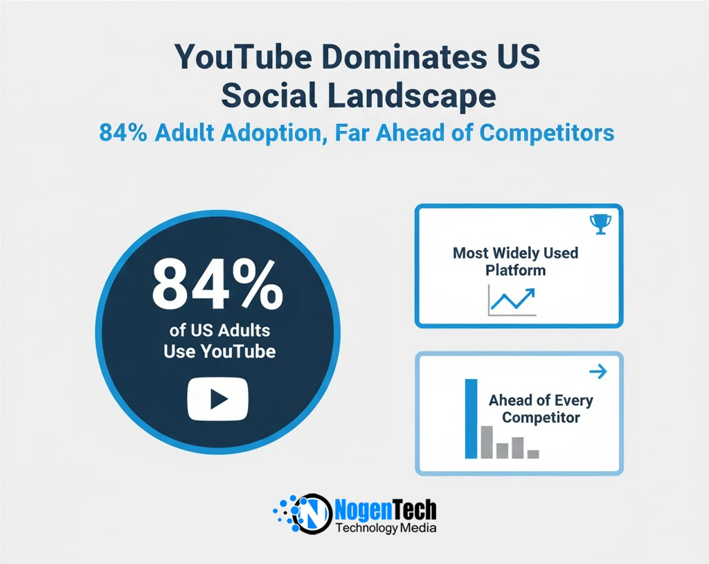 Image of With 84% adult adoption in the United States, YouTube stands as the most widely used social platform, far ahead of every competitor.