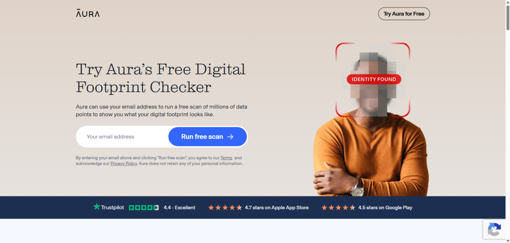 Screenshot of home page from Aura digital footprint Scanner