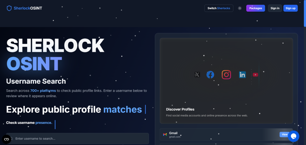 Home Page Screenshot from Sherlock OSINT