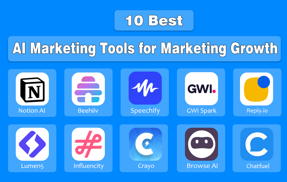 Logos of 10 Best AI Marketing Tools for Marketing Growth | Designed by NogenTech