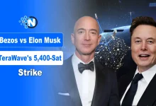 Jeff Bezos and Elon Musk portrait with satellite illustrating TeraWave launch and competition with Starlink.