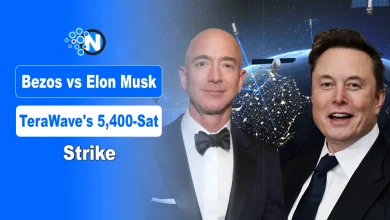 Jeff Bezos and Elon Musk portrait with satellite illustrating TeraWave launch and competition with Starlink.