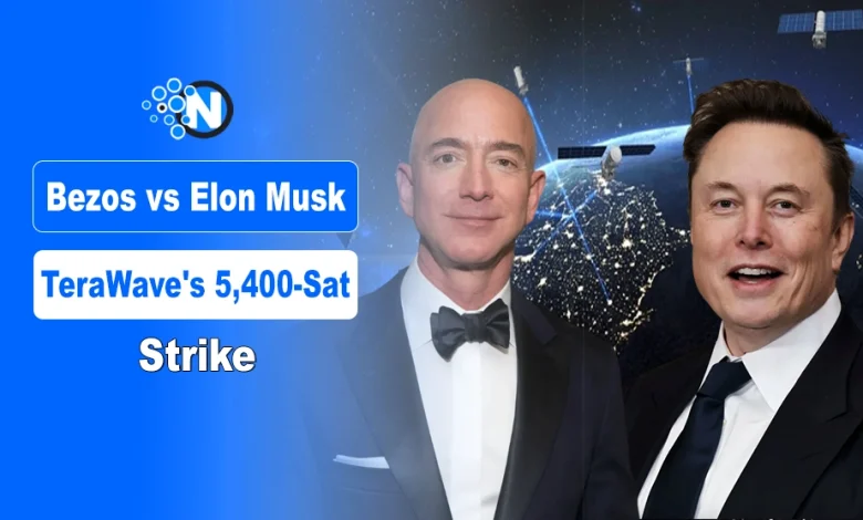 Jeff Bezos and Elon Musk portrait with satellite illustrating TeraWave launch and competition with Starlink.