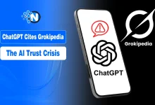 ChatGPT and Grokipedia logos side-by-side with a digital link icon, representing AI data sharing.