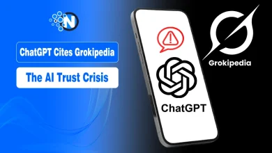 ChatGPT and Grokipedia logos side-by-side with a digital link icon, representing AI data sharing.