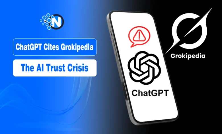 ChatGPT and Grokipedia logos side-by-side with a digital link icon, representing AI data sharing.