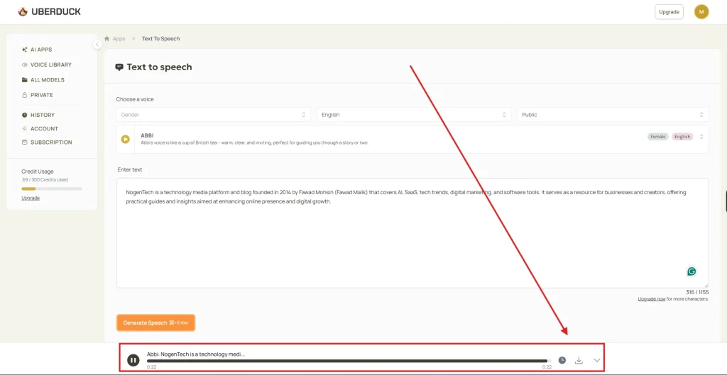 Screenshot of Downloading Audio Created on Uberduck AI by NogenTech