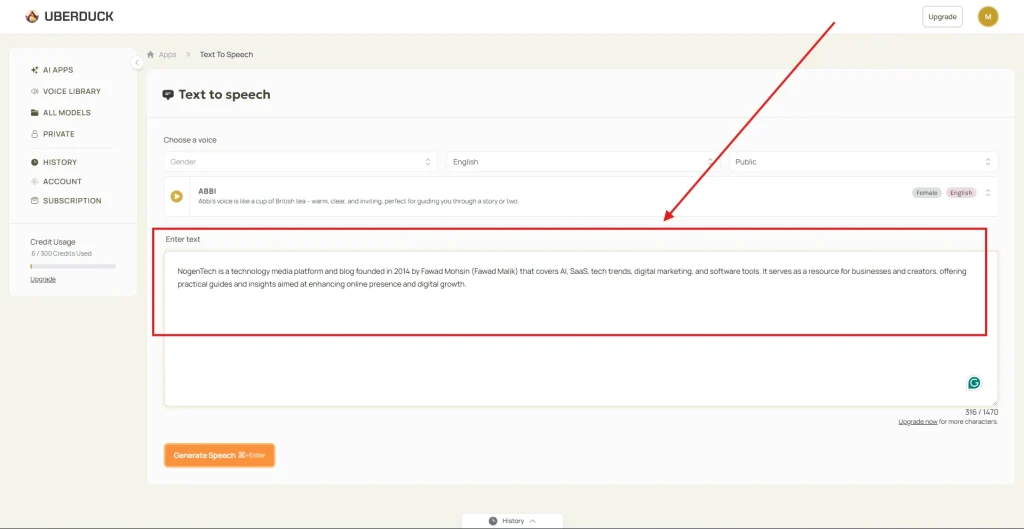 Screenshot of entering text in Uberduck AI's text section by NogenTech