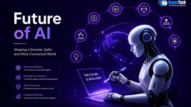 Future of AI illustration featuring a humanoid robot using holographic technology with AI, automation, cybersecurity, and connectivity icons in a futuristic digital environment.