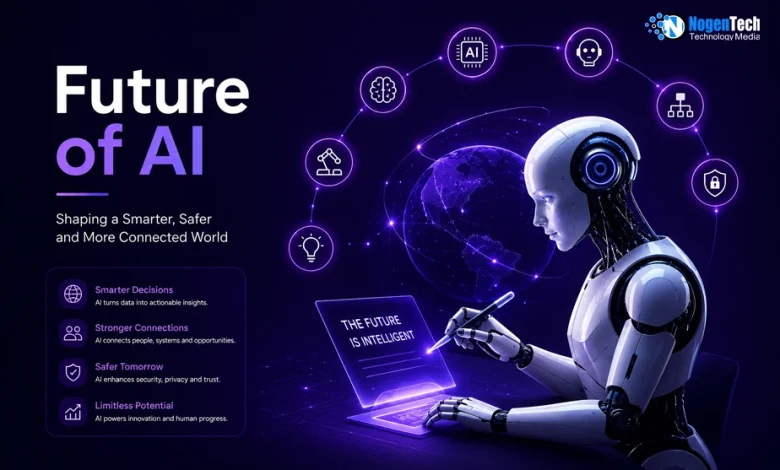Future of AI illustration featuring a humanoid robot using holographic technology with AI, automation, cybersecurity, and connectivity icons in a futuristic digital environment.