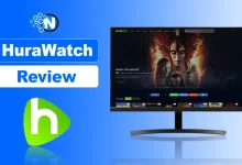 Hurawatch review featured image showing Hurawatch website on monitor with branding text and streaming platform theme