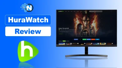 Hurawatch review featured image showing Hurawatch website on monitor with branding text and streaming platform theme
