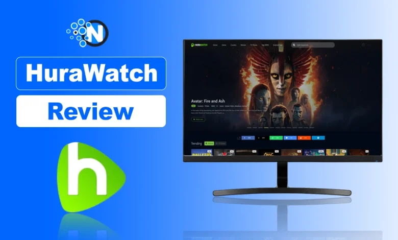 Hurawatch review featured image showing Hurawatch website on monitor with branding text and streaming platform theme