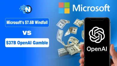 Microsoft logo and financial chart showing a $7.6 billion gain vs. a $37 billion infrastructure investment.