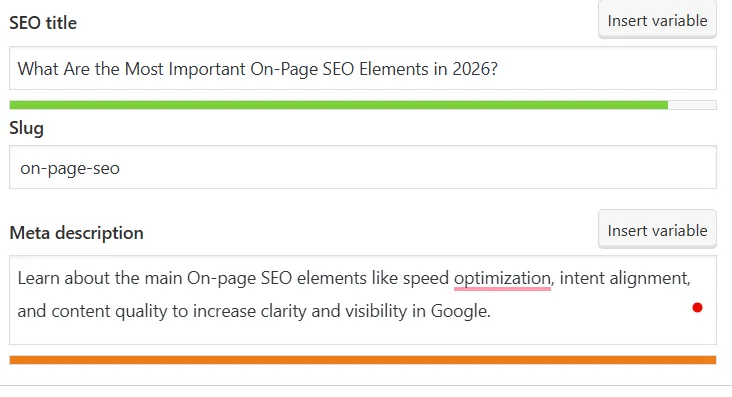Yoast SEO interface displaying optimization fields for meta title, slug, and meta description.